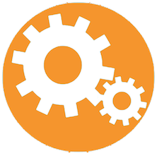 Double Farley icon for projects of a large and small cog meshed together shown in white on an orange circle.