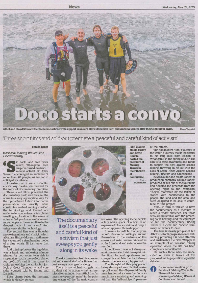 Doco Starts a convo story about premiere of Making Waves in Whanganui Chronicle 29 May 2019. 