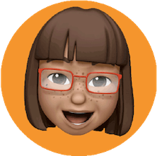 A cartoon or emoji style icon representing Melita Farley on an orange circle. Melita is wearing orange rimmed glasses.