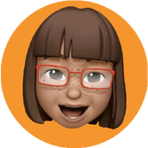 A cartoon or emoji style icon representing Melita Farley on an orange circle. Melita is wearing orange rimmed glasses.