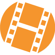 Double Farley icon for film of a strip of chemically developed photographs separated by small lines and boarded with thicker perforated edges, shown in white on an orange background.